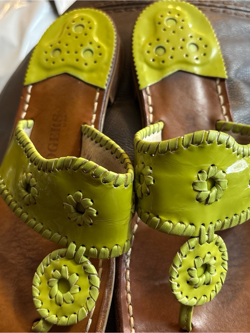 Jack Rogers Lime Green Leather Floral Toe-Loop Sandals